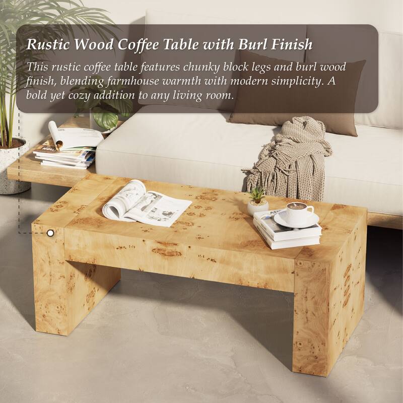 COZAYH Rustic Wood Coffee Table with Burl Finish, Farmhouse Style Center Table with Chunky Block-Legs, Lounge, Rectangular