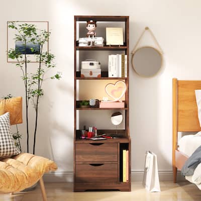 Tall Nightstand with Bookshelf, Bedside Table with 4-Shelf Storage Rack, Couch Side Table with 2 Storage Drawers