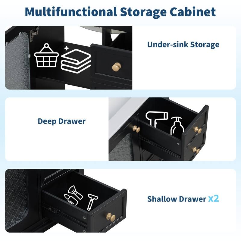 30''/36'' Bathroom Vanity with Sink, 3 Drawers Bathroom Storage Cabinet with Soft-Close Glass Door and Adjustable Shelf