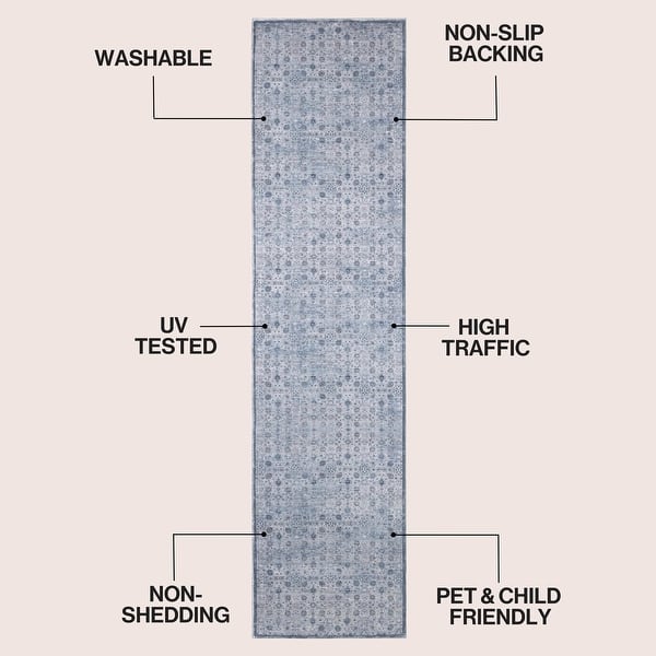 dimension image slide 6 of 13, Petunia Distressed All-Over Floral Border Non-Slip Machine-Washable Rug