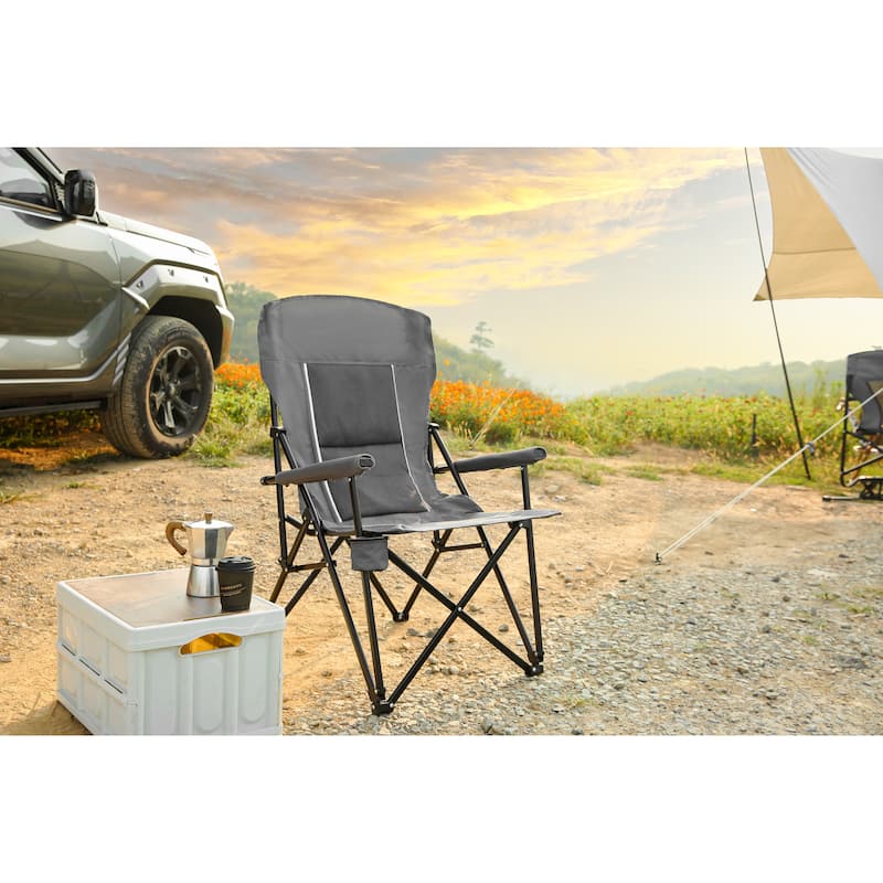 Anmytek Collapsible Padded Camping Chair with Cup Holder High Backrest and Mesh Panel Foldable Outdoor Chair - Gray