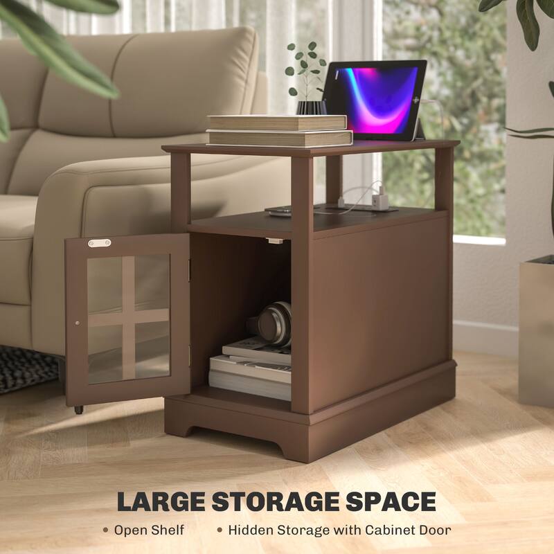 End Table with Charging Station, Narrow Side Table with USB Ports and Outlets,