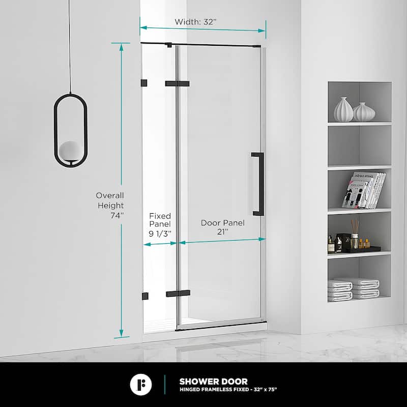 Fine Fixtures Hinged Clear Frameless Glass Shower Door Enclosure