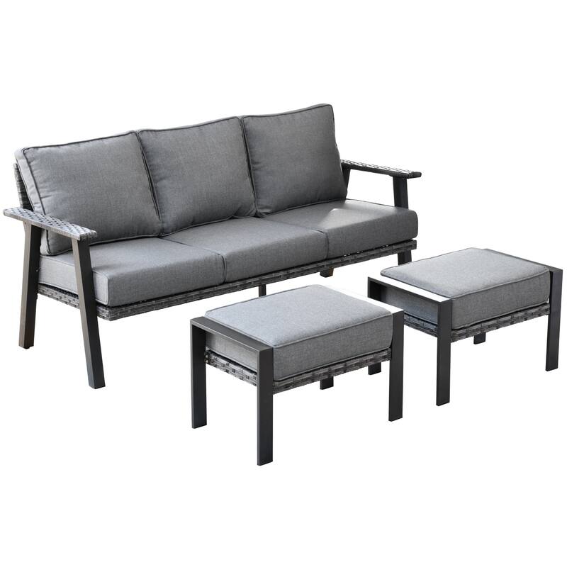 OVIOS Outdoor 3-piece Wicker Sectional Sofa Set With Ottoman Steel Frame