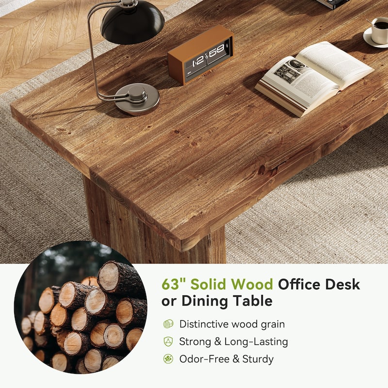 Solid Wood Executive Office Desk, 63" Large Computer Desk Workstation