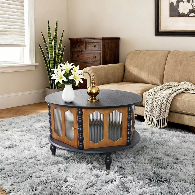 GDFStudio Theryn Real Wood Veneer Round Coffee Table with Three-Door Storage