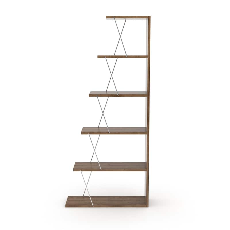 5 Tier Ladder Narrow Bookshelf Organizers for Small Spaces Office Furniture, Walnut/Chrome Bed