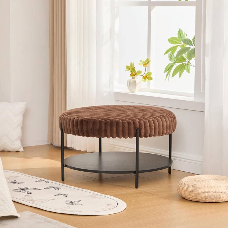 ​Upholstered Storage Ottoman - Open Shelf & Faux Fur Top - Brown - 30.9" Round