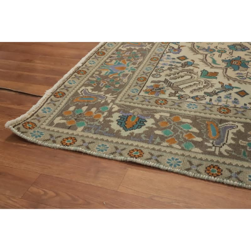 Hand Knotted Oriental 100% Wool Carpet Traditional Floral Beige & Ivories Tabriz Area Rug - 9' 1'' X 6' 8''