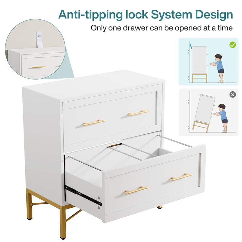 32 Inch File Cabinet, Modern 2 Drawer Lateral Filing Cabinet for Letter/Legal/A4 Size, for Home Office, White Gold