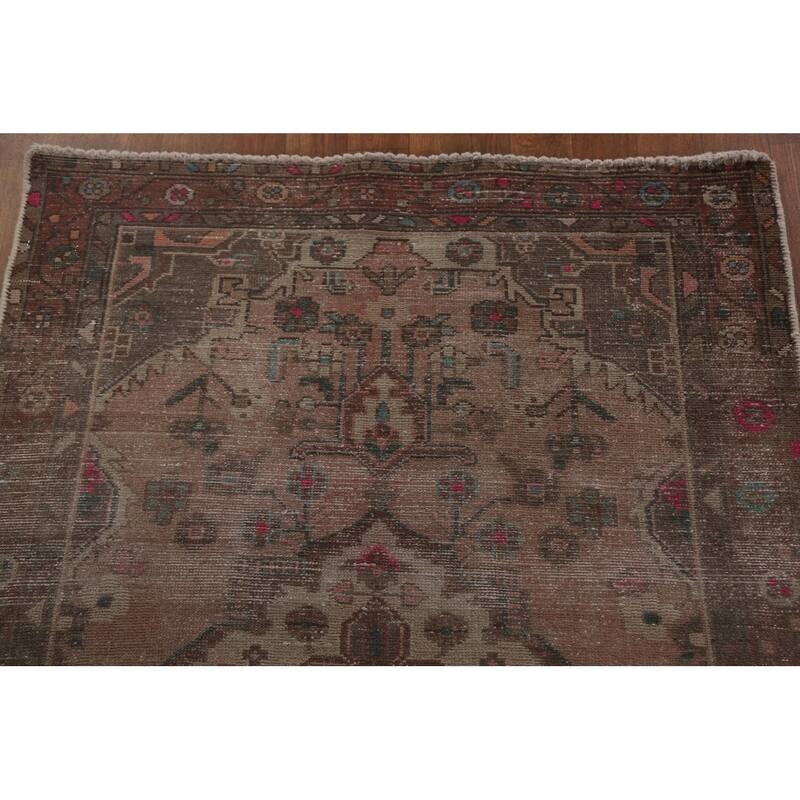 Hand Knotted Oriental 100% Wool Carpet Traditional Geometric Pink Hamedan Runner Rug - 9' 7'' X 3' 3''