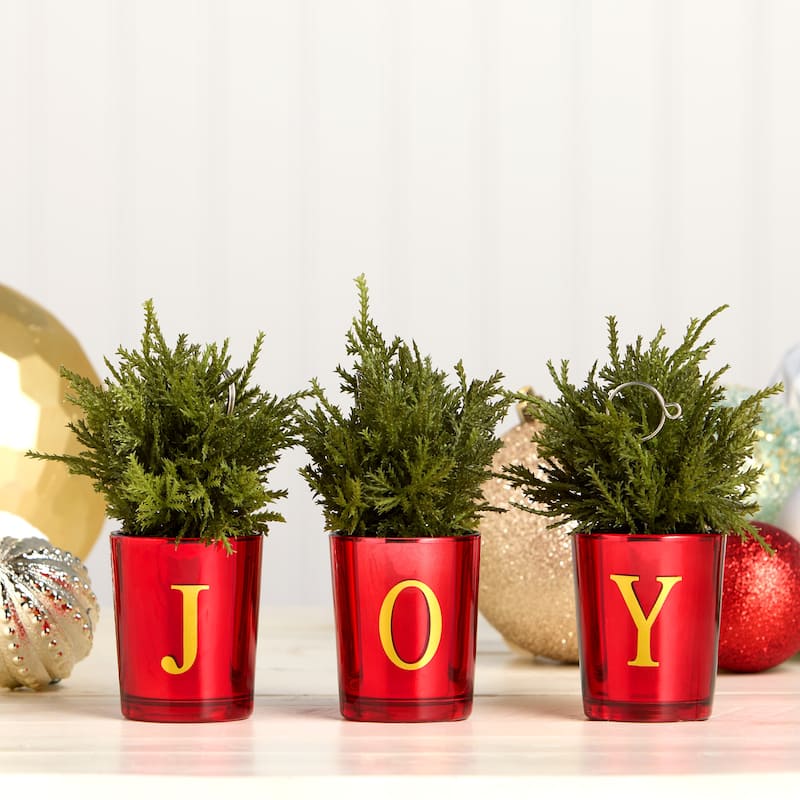 National Tree Company 8 in. 'JOY' Mini Christmas Trees in Red Pot, Set of 3 - 8 in