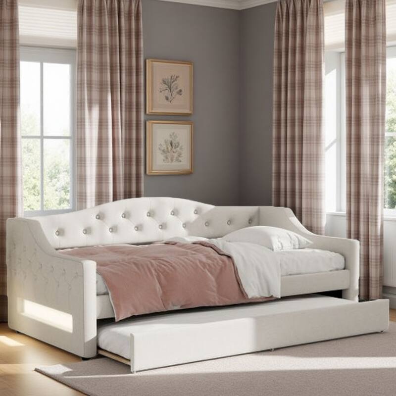 Twin XL Linen Upholstered Daybed with Color-Changing LED Lights and Space-Saving Trundle, Sturdy Frame - Beige