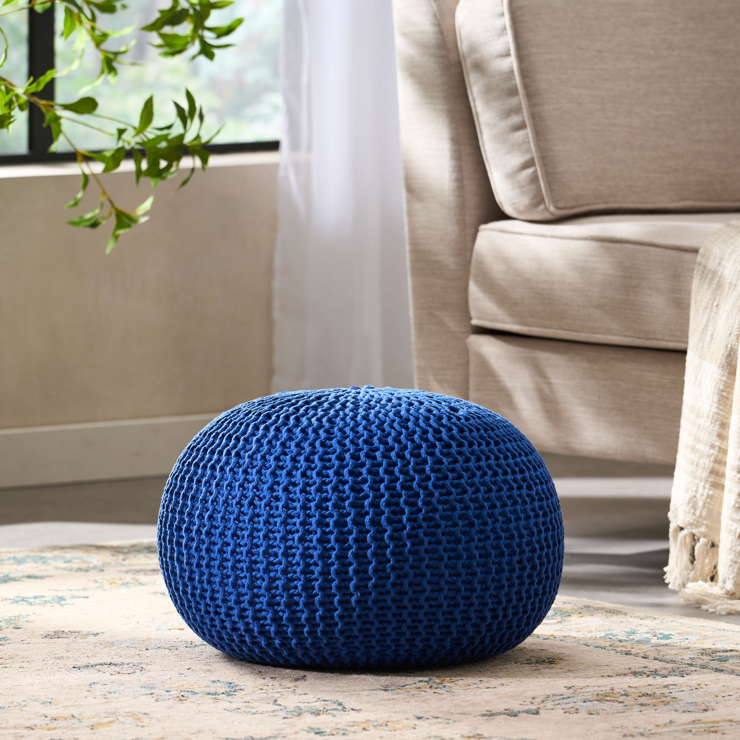 Abena Knitted Cotton Pouf Versatile Ottoman and Floor Cushion by Christopher Knight Home
