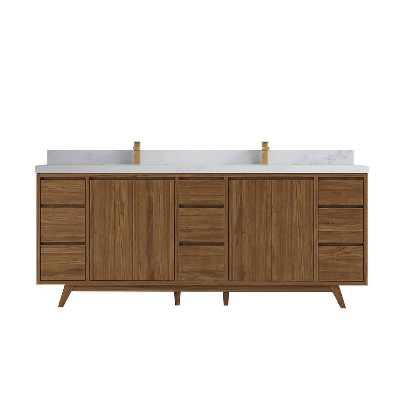 Willow Collections 84 in. W x 22 in. D Madison Teak Double Sink Bathroom Vanity with Countertop - 2" Calacatta Nuvo - Golden Teak