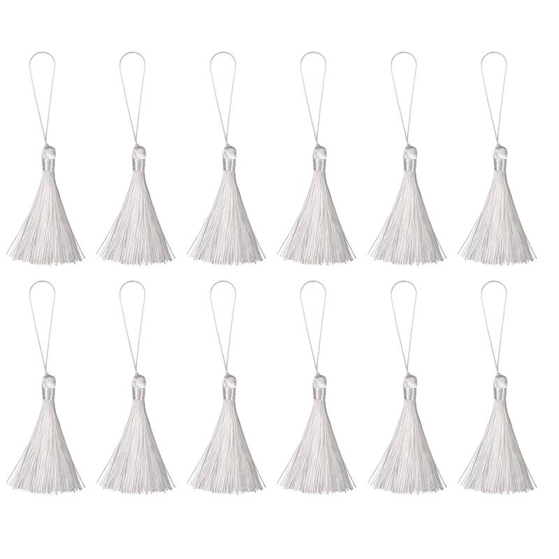 6.5" Silky Bookmark Tassels with Loop for DIY Craft Accessory, 12Pcs White