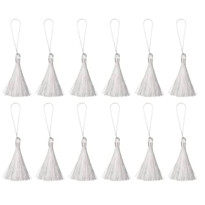 6.5" Silky Bookmark Tassels with Loop for DIY Craft Accessory, 12Pcs White