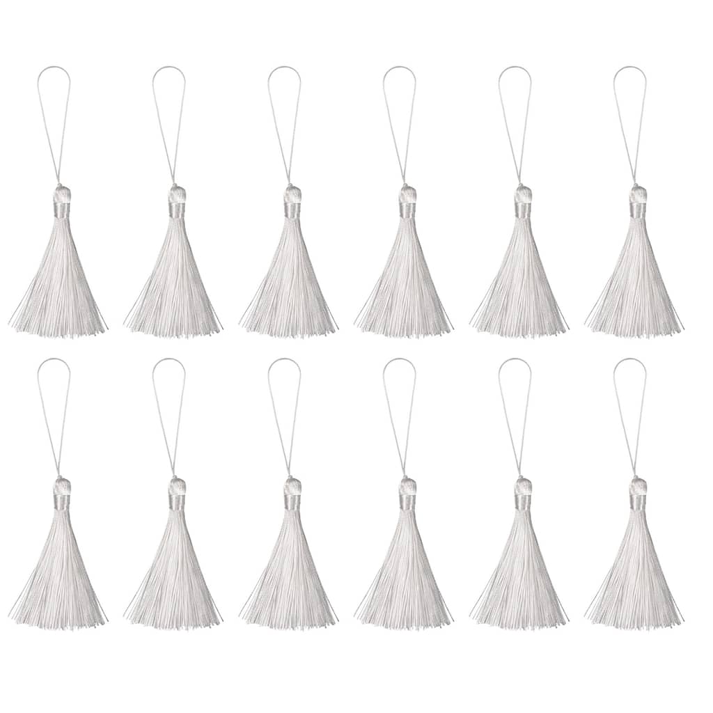 6.5" Silky Bookmark Tassels with Loop for DIY Craft Accessory, 12Pcs White
