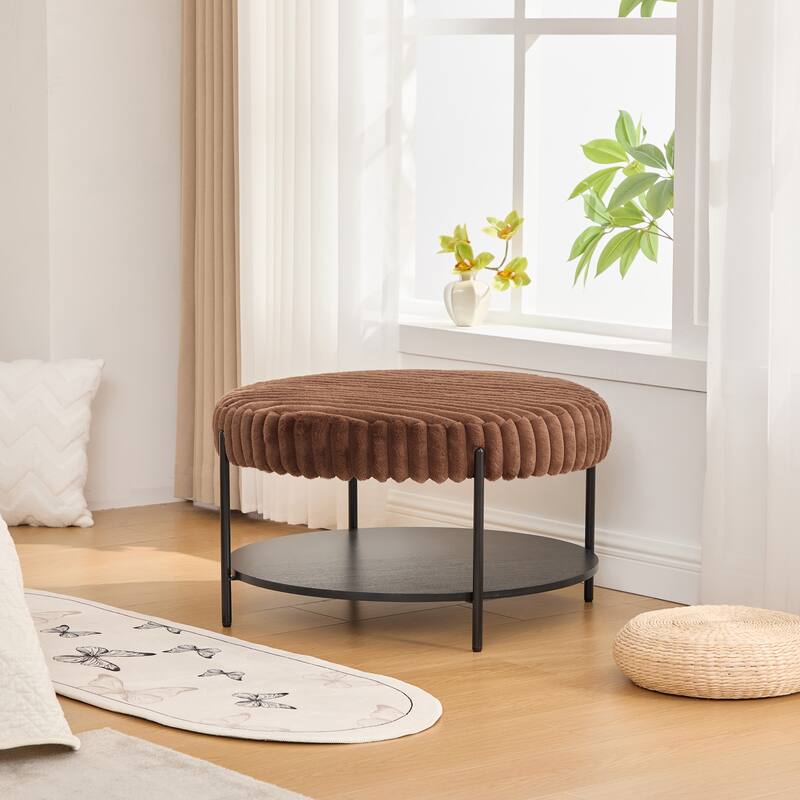 30.9"Wide Upholstered Round Ottoman Coffee Table Foot Rest With,Footstool With Wooden Open Storage Shelf,Faux Fur Footstool