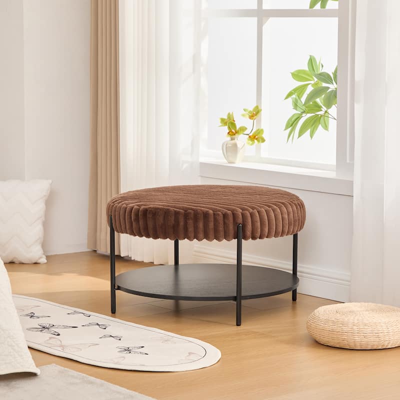 30.9"Wide Upholstered Round Ottoman Coffee Table Foot Rest with Black Metal Legs, Footstool with Wooden Open Storage Shelf