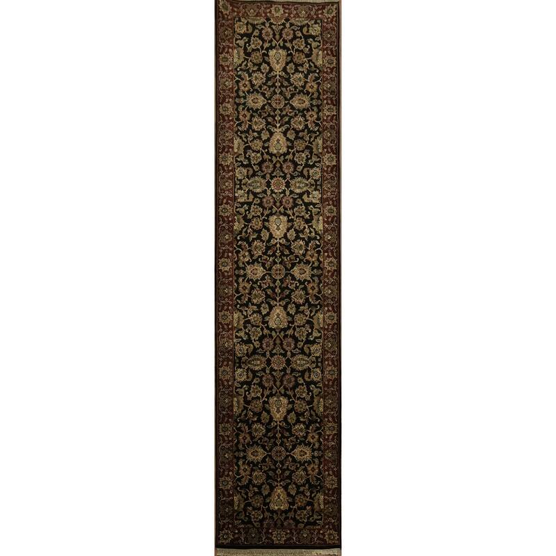 Hand Knotted Oriental 100% Wool Carpet Traditional All-Over Black Agra Runner Rug - 13' 1'' X 3' 0''