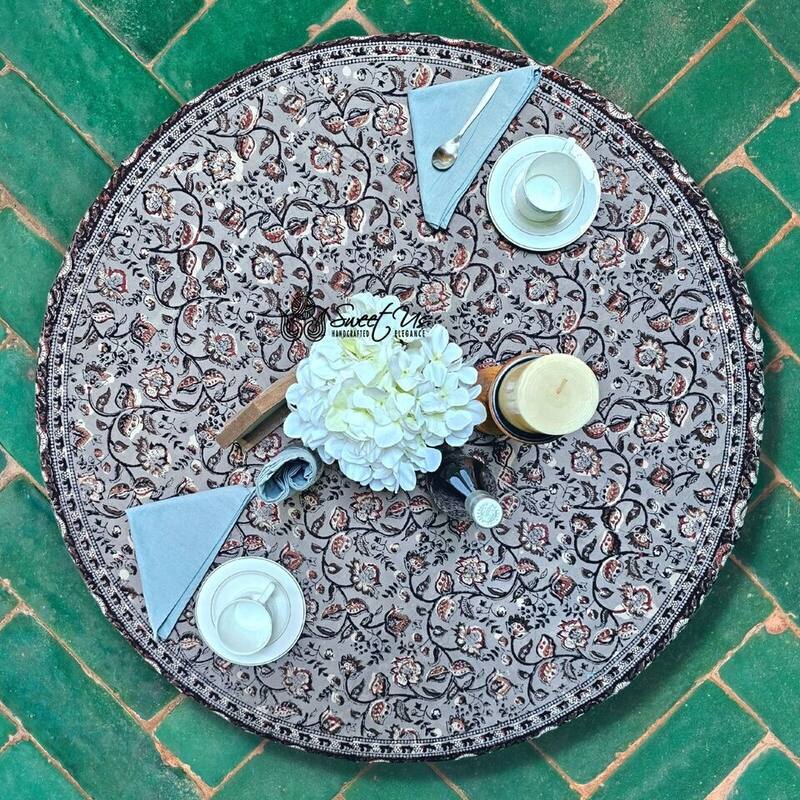 Earthen Vintage Floral Block Print Cotton Tablecloth Collection