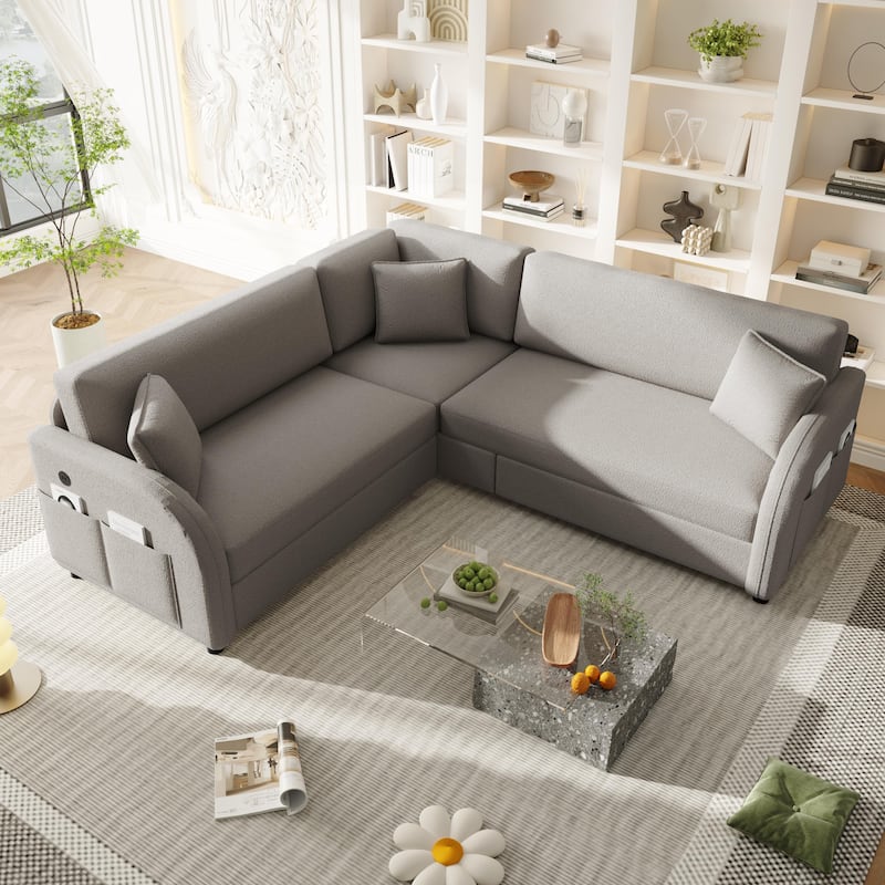 Sectional Sleeper Sofa with Pull Out Bed, Convertible Teddy Fabric Couch with Side Pockets & USB Ports, L Shaped Modular Couches