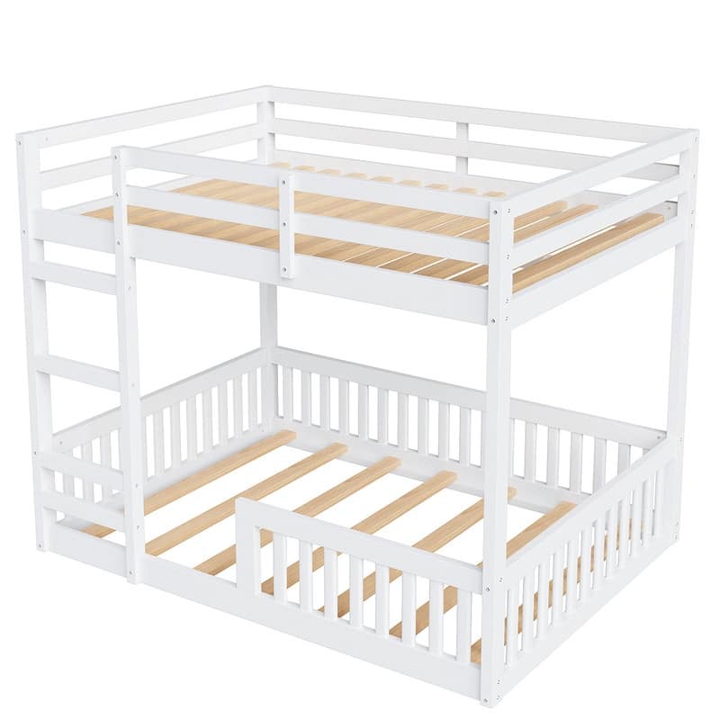 Full over Full Size Bunk Bed with Ladder and Guardrails, Wooden Floor Bunk Bedframe with Slats Support for Kids