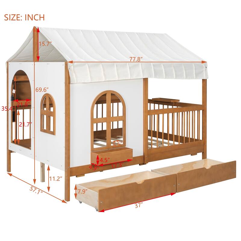 Full-Size House Bed with Bookshelf, USB Charging Station & Tent Roof by Harper&Bright Designs