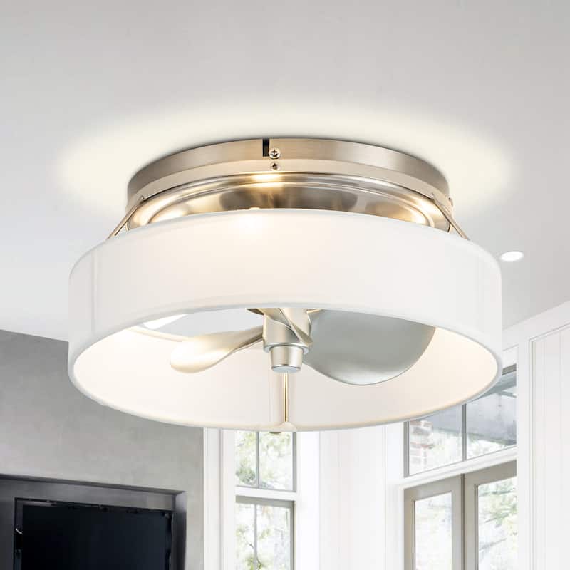 13-inch Brushed Nickel Fabric Caged Flush Mount Ceiling Fan with Light and Remote - Brushed Nickel