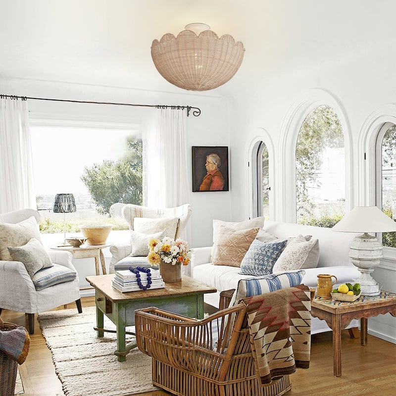 2-Light Coastal Style Scallop Rattan Semi Flush Mount - N/A