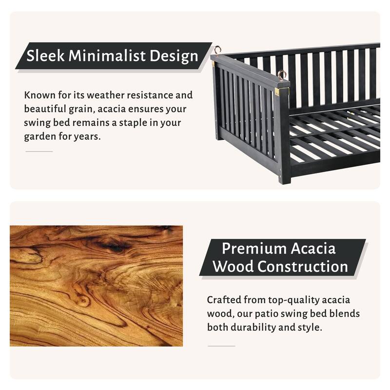 Acacia Wood Twin-Size Porch Swings Bed with 350lb Capacity, Includes Hemp Ropes and Sloped Safety Design
