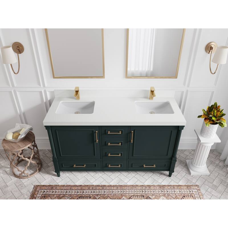 Willow Collections 60 in. W x 22 in. D Aberdeen Double Sink Bathroom Vanity with Countertop - 2" White Quartz - Dark Forest Green