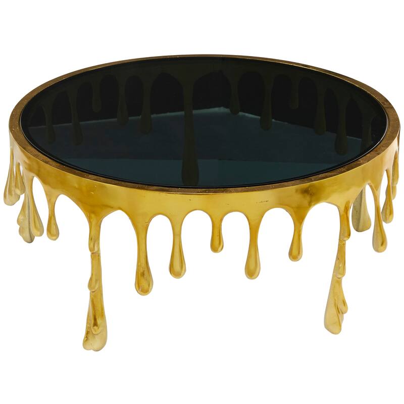 Aluminum Metal Abstract Drip Accent Table with Melting Design and Shaded Glass Top - Roche River Decor
