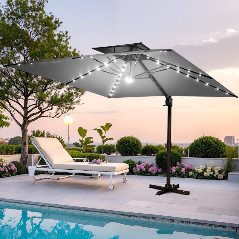 Pellebant 9x11FT Outdoor Dual Top Cantilever Patio Umbrella LED Light - Dark Grey