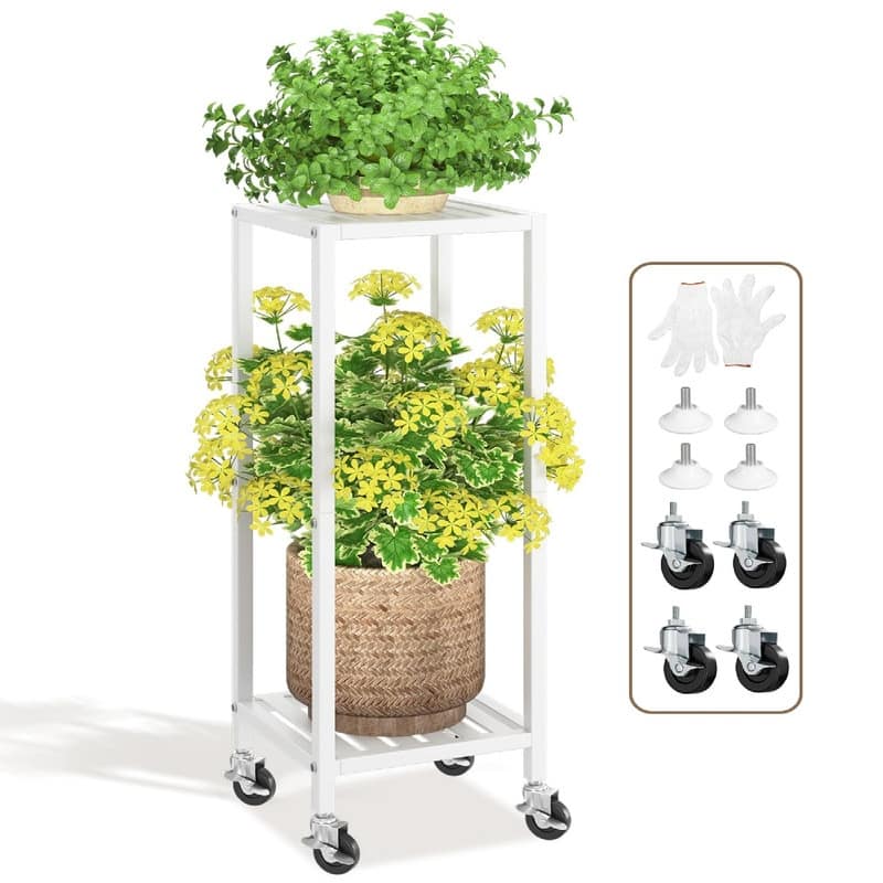 2 Tier Black Metal Plant Stand - 11.6 x 10.8 x 33.7 inches - Classic White