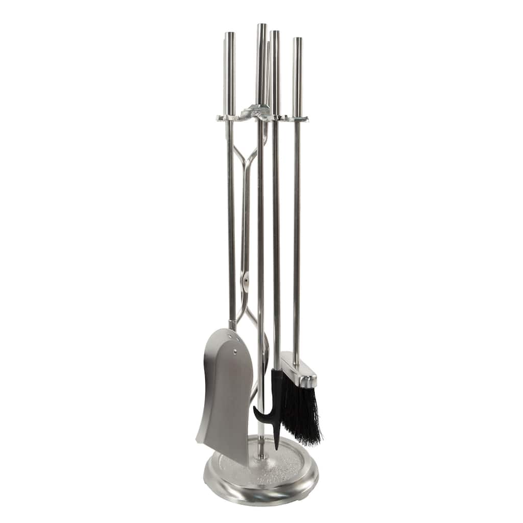 Achla Designs Neoclassic Set of 4 Fireplace Tools w/Round Base, 30 Inch Tall, Brushed Steel