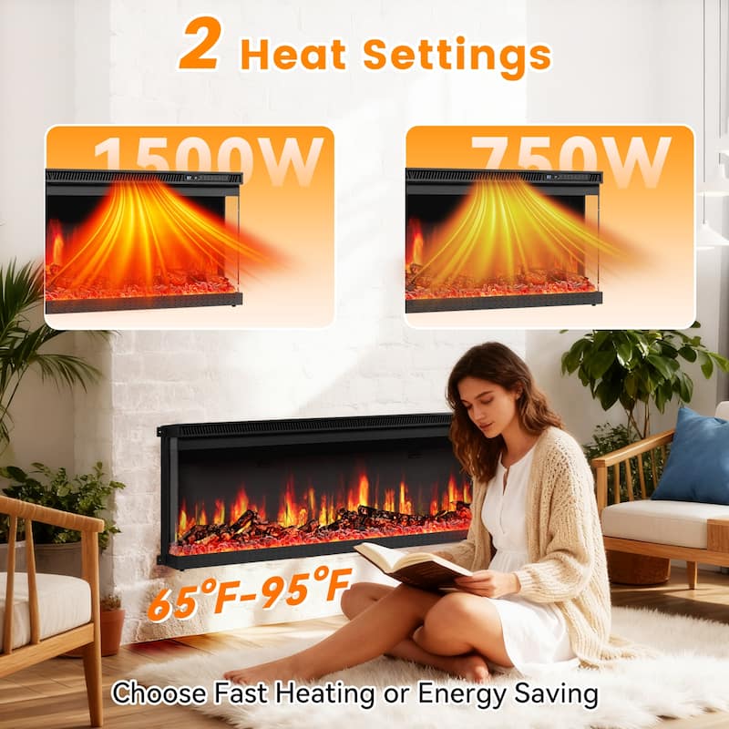 3-Sided Electric Fireplace with 12-Color Flame, Dual Heat Settings 750W/1500W, Smart App & Remote Control – 50/60/70 Inch