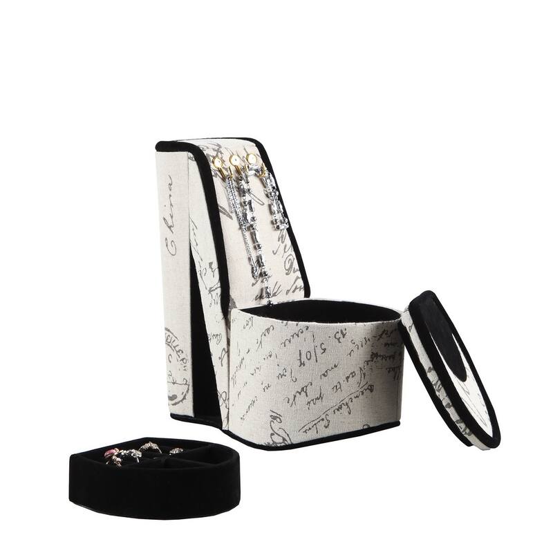 9" Tall Display Jewelry Box with Hooks, High Heel Shoe Design, Stencil Letter Print - Multicolor