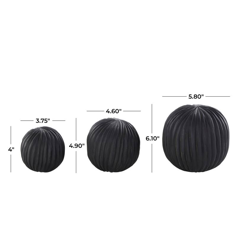 Brown or Black Teak Wood Handmade Carved Textured Orbs & Vase Filler with Ridges (Set of 3)