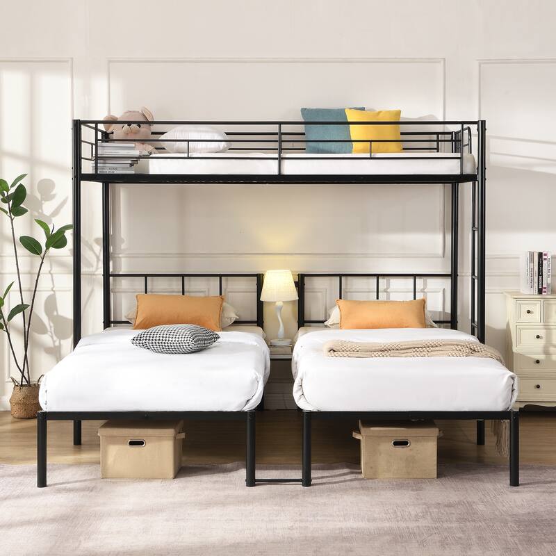 Twin Over Twin Over Twin Bunk Bed, Triple Bunk Bed w/Vertical Ladder, Metal Frame Bunk Bed w/Safety Rail, for School, Bedroom
