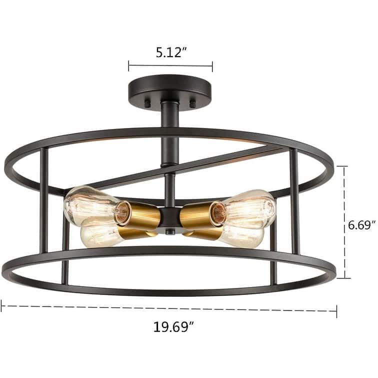 Ferrazoli Industrial Black & Brass Metal Drum Cage Semi Flush Ceiling Light