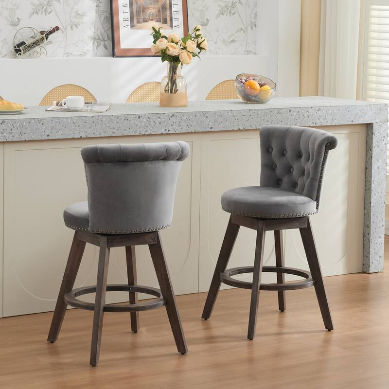 Roomfitters 26" Velvet Swivel Bar Stools Set of 2, Tufted Counter Height Stools with Back and Wood Legs