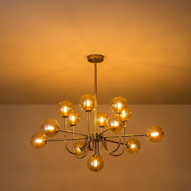 13-Light Modern Amber/ Smoke Grey Cluster Glass Globe Bubble Chandelier Tiered Sputnik Glass Magic Bean Molecule Ceiling Light