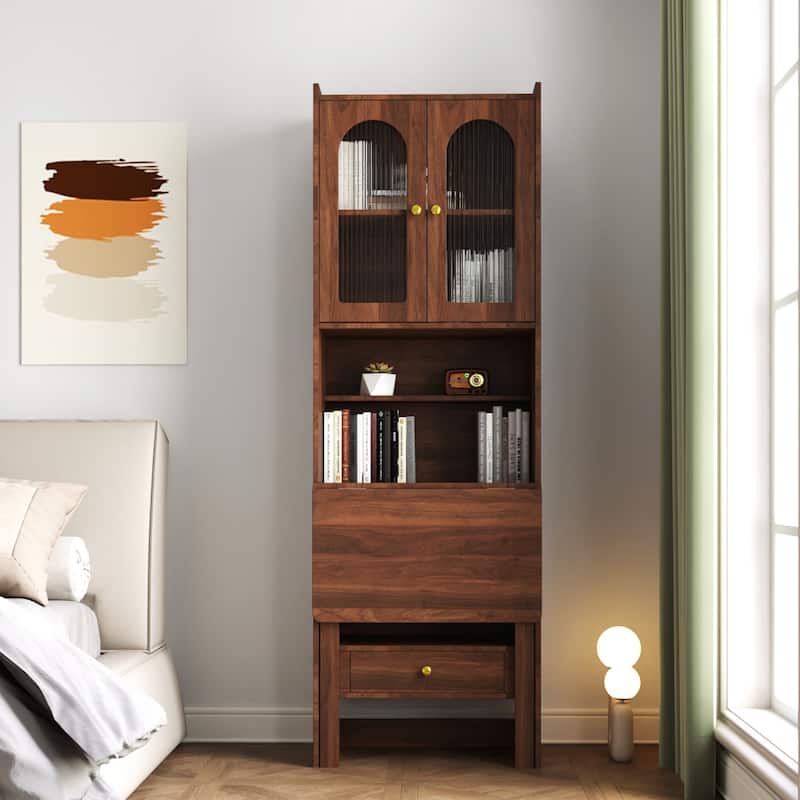 Fold-out Convertible Writing Table Study Desk with Cabinet and Drawer - Walnut