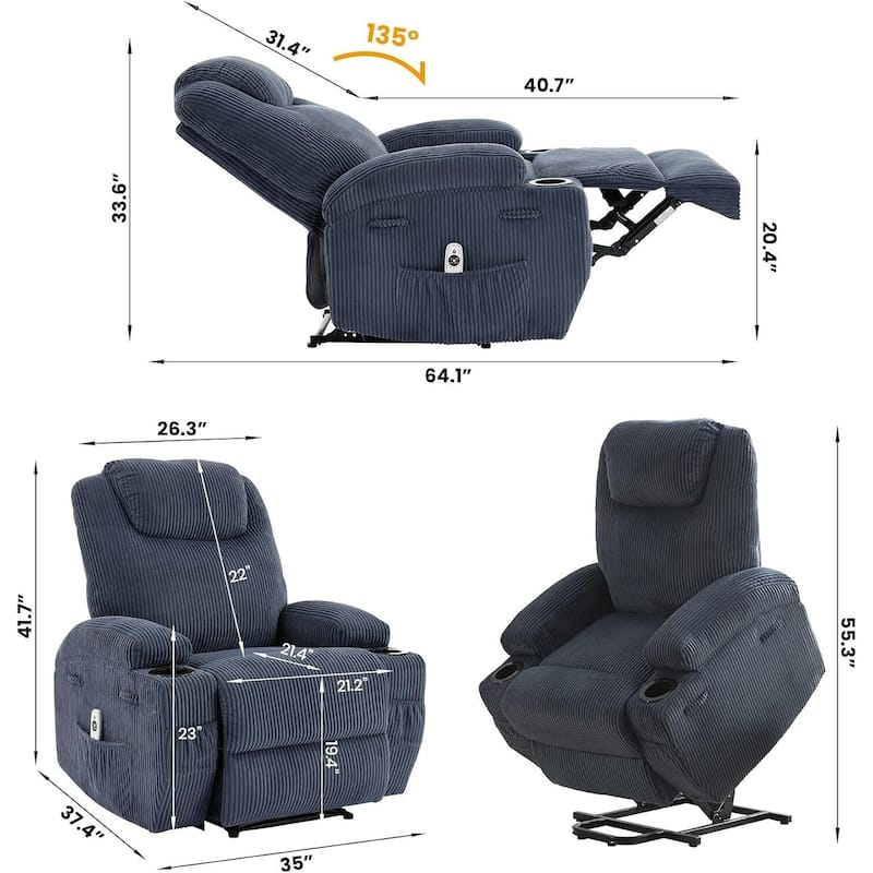 Electric Power Lift Recliner Sofa Chair with Massage, Heat & 155° Recline