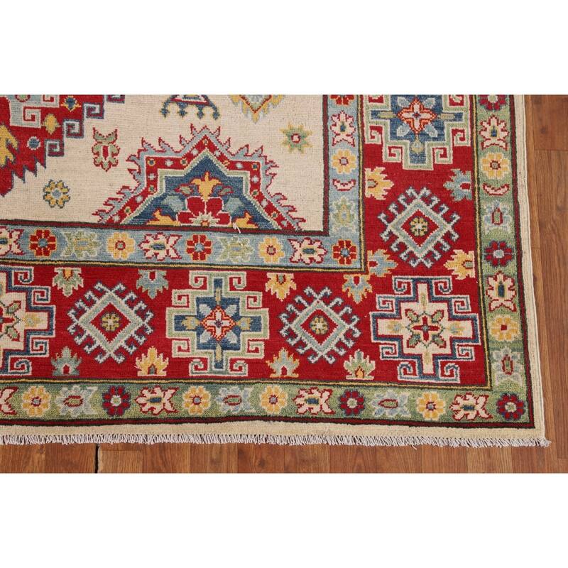 Beige / Ivory Traditional Kazak Oriental Area Rug Handmade Wool Carpet - 6'7" x 9'10"