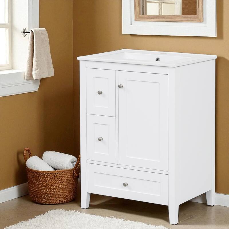 24" Bathroom Vanity with Sink, Adjustable Shelf, Storage Drawers with Removable Dividers, MDF and Rubberwood Base - White