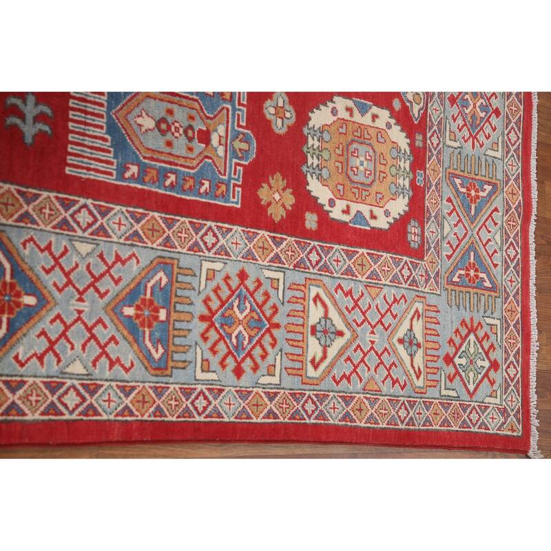 Hand Knotted Oriental 100% Wool Carpet Traditional Geometric Red Kazak Area Rug - 9' 8'' X 6' 4''