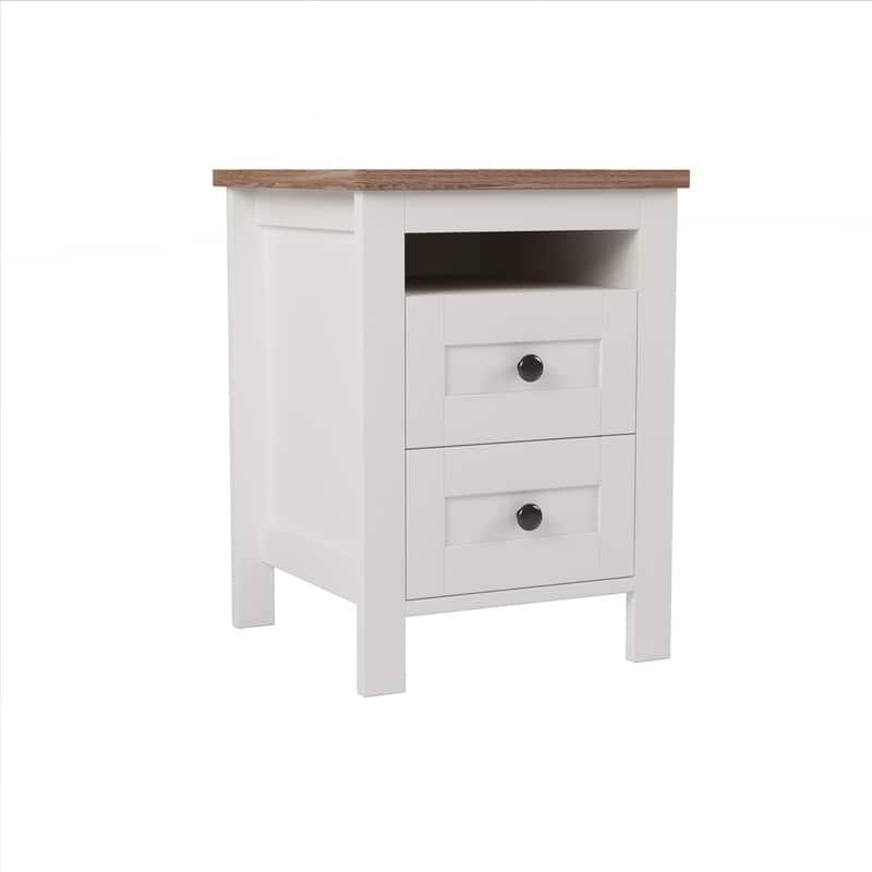 2-Drawer Farmhouse Style Nightstand, Sleek Lines Wood Bedside Table with Storage Shelf